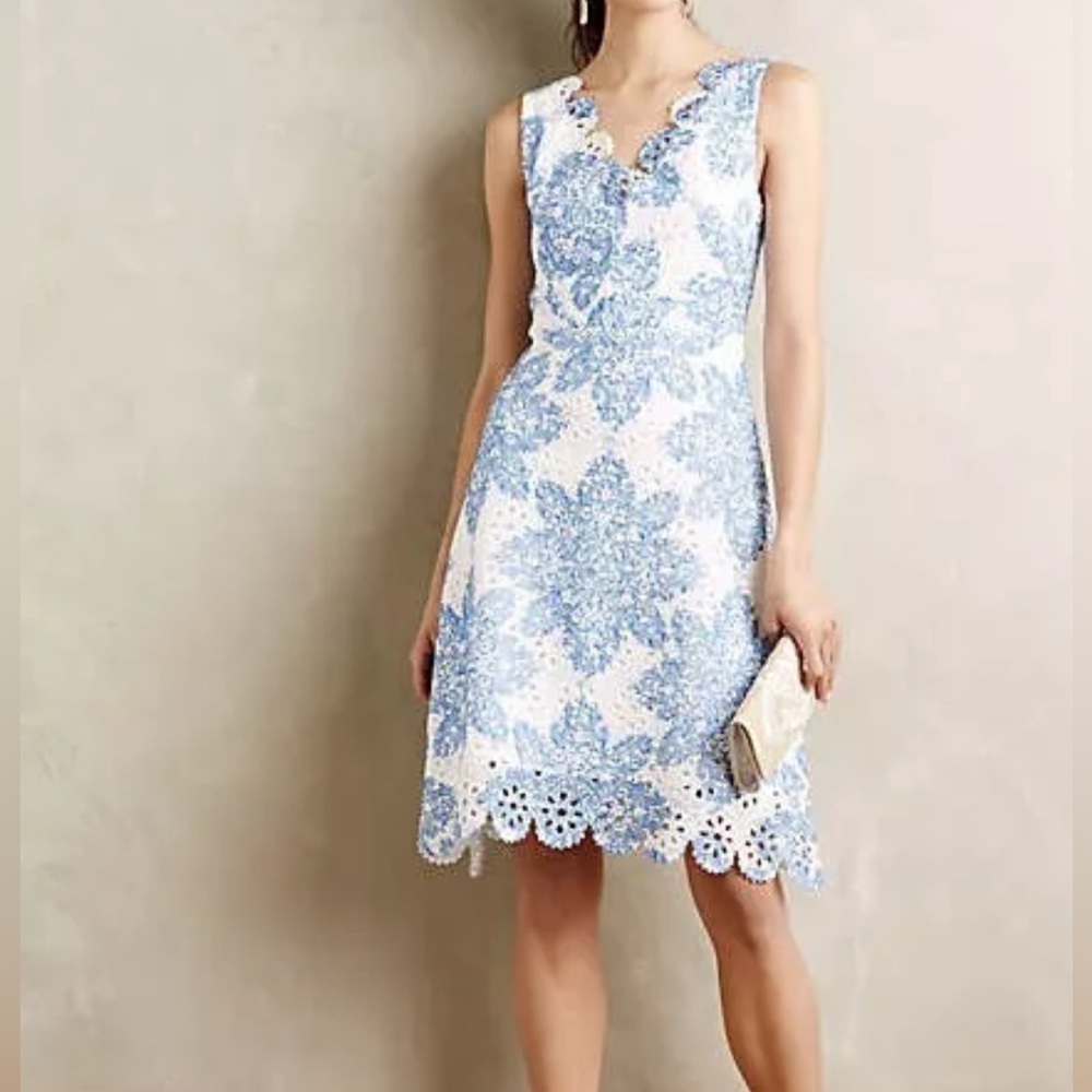 Eva Franco Anthropologie Starflower Scalloped Dress White and blue Size 4